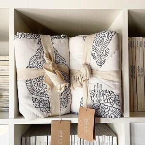 WEST ELM - 2 hand blocked medallion quilted pillow shams NWT blue white standard